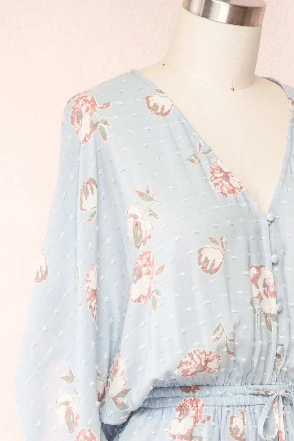 Parsa Blue | V-Neck Floral Plumetis Romper