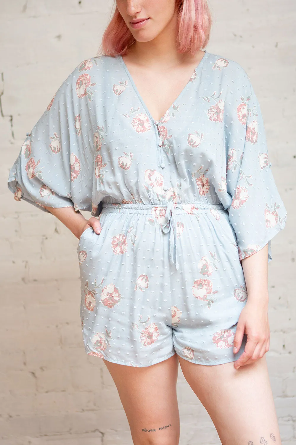 Parsa Blue | V-Neck Floral Plumetis Romper
