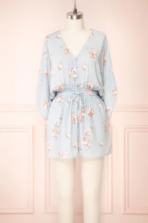 Parsa Blue | V-Neck Floral Plumetis Romper