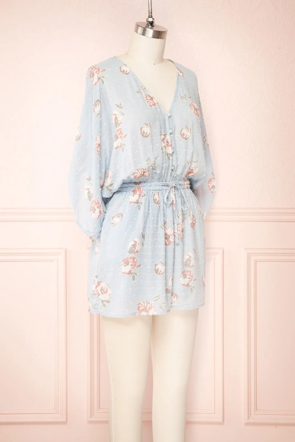 Parsa Blue | V-Neck Floral Plumetis Romper