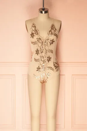 Patti | Rose Gold Sequins Mesh Bodysuit