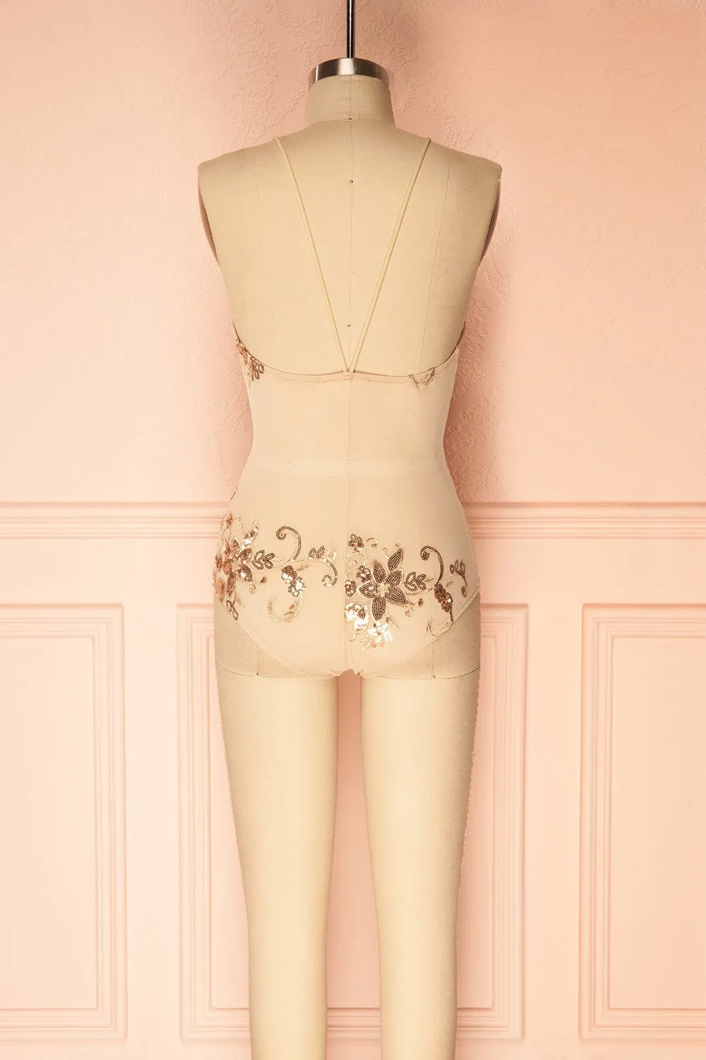 Patti | Rose Gold Sequins Mesh Bodysuit