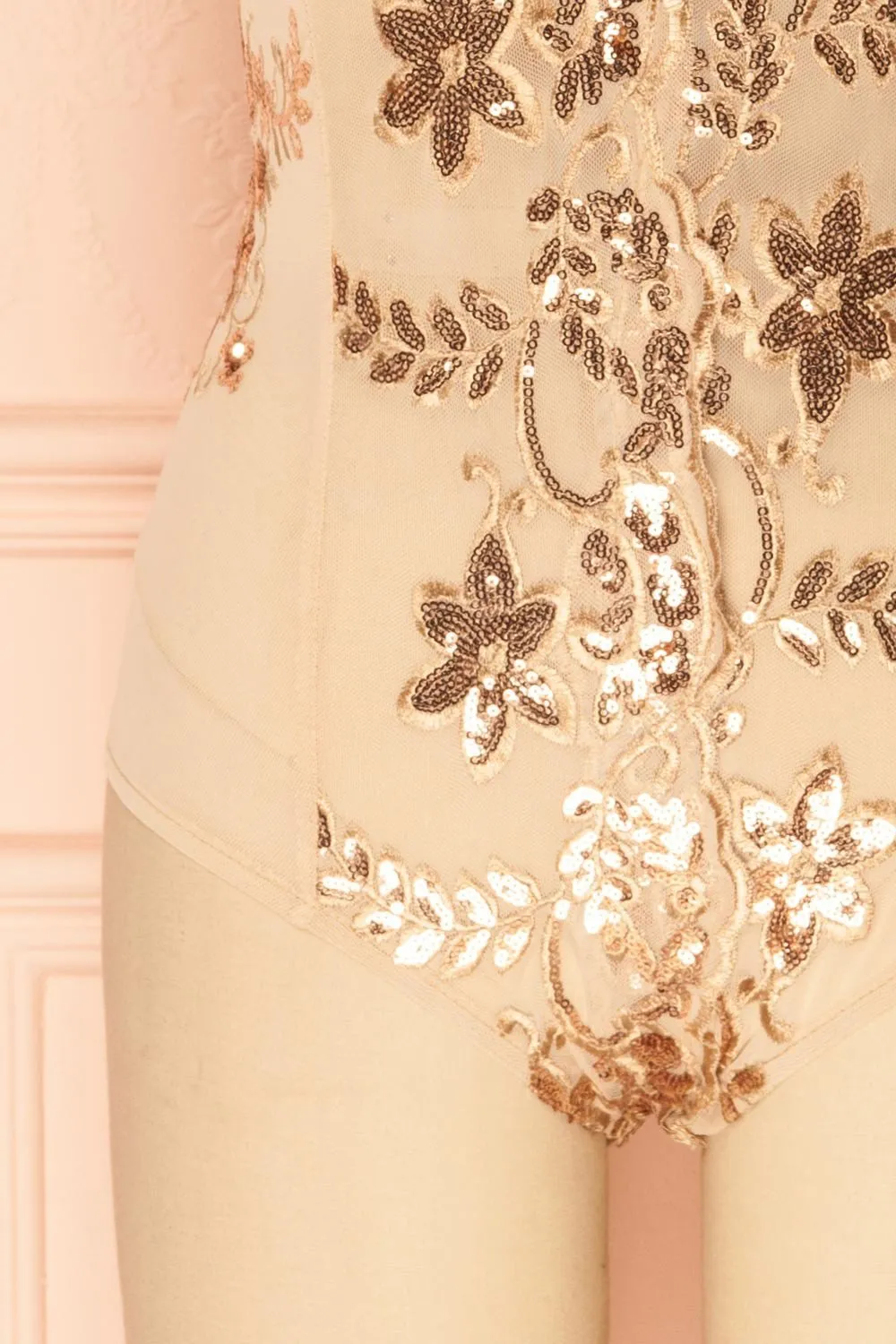 Patti | Rose Gold Sequins Mesh Bodysuit