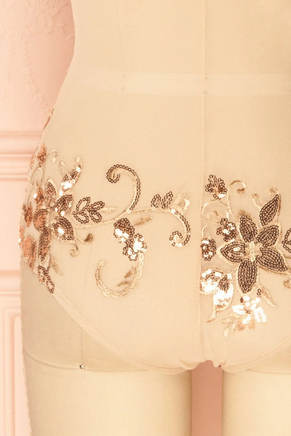 Patti | Rose Gold Sequins Mesh Bodysuit
