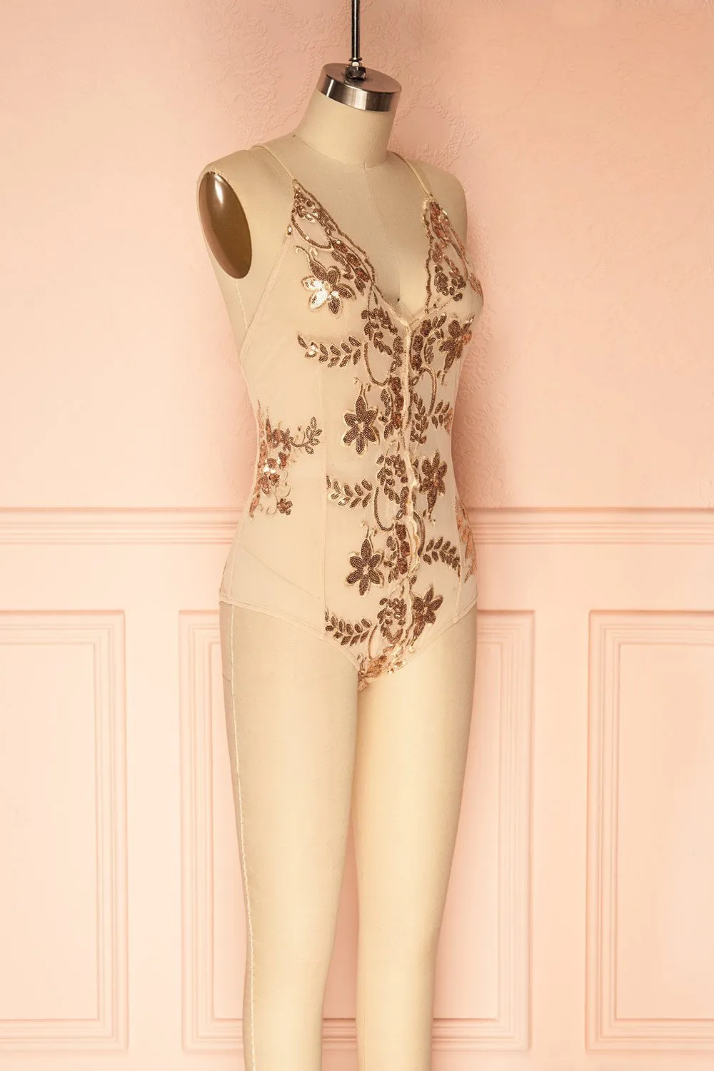 Patti | Rose Gold Sequins Mesh Bodysuit
