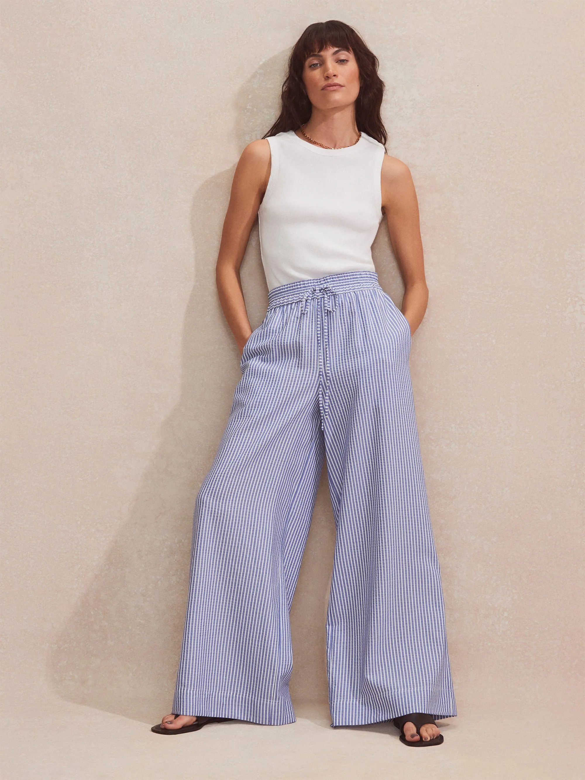 Petite Blue and White Striped Wide-Leg Trousers