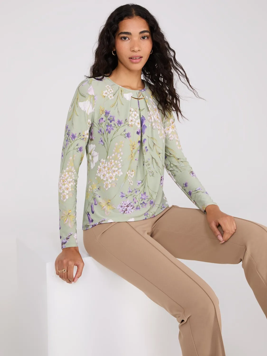 Printed Long Sleeve Top With Metal Detail