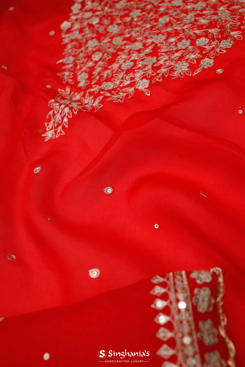 Scarlet Red Organza Handcrafted Saree