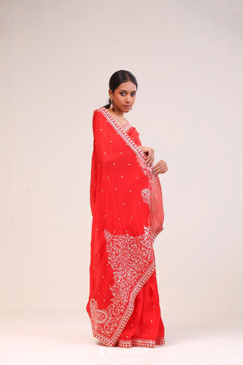 Scarlet Red Organza Handcrafted Saree
