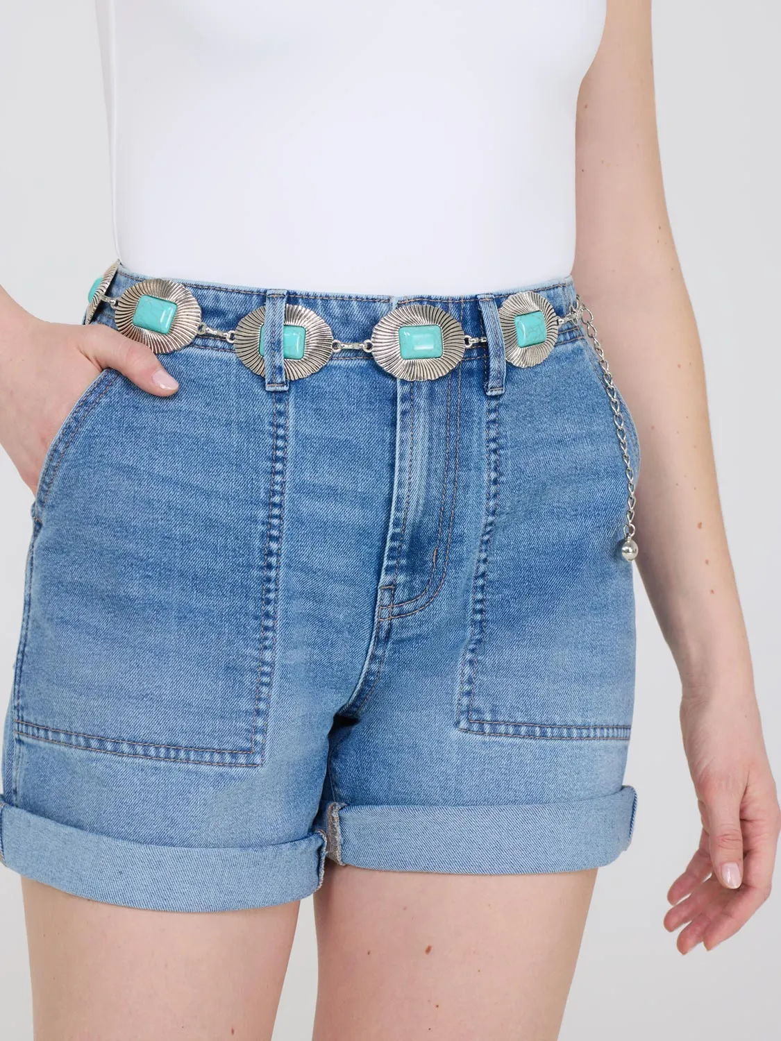 Silver Chain Belt With Turquoise Stones