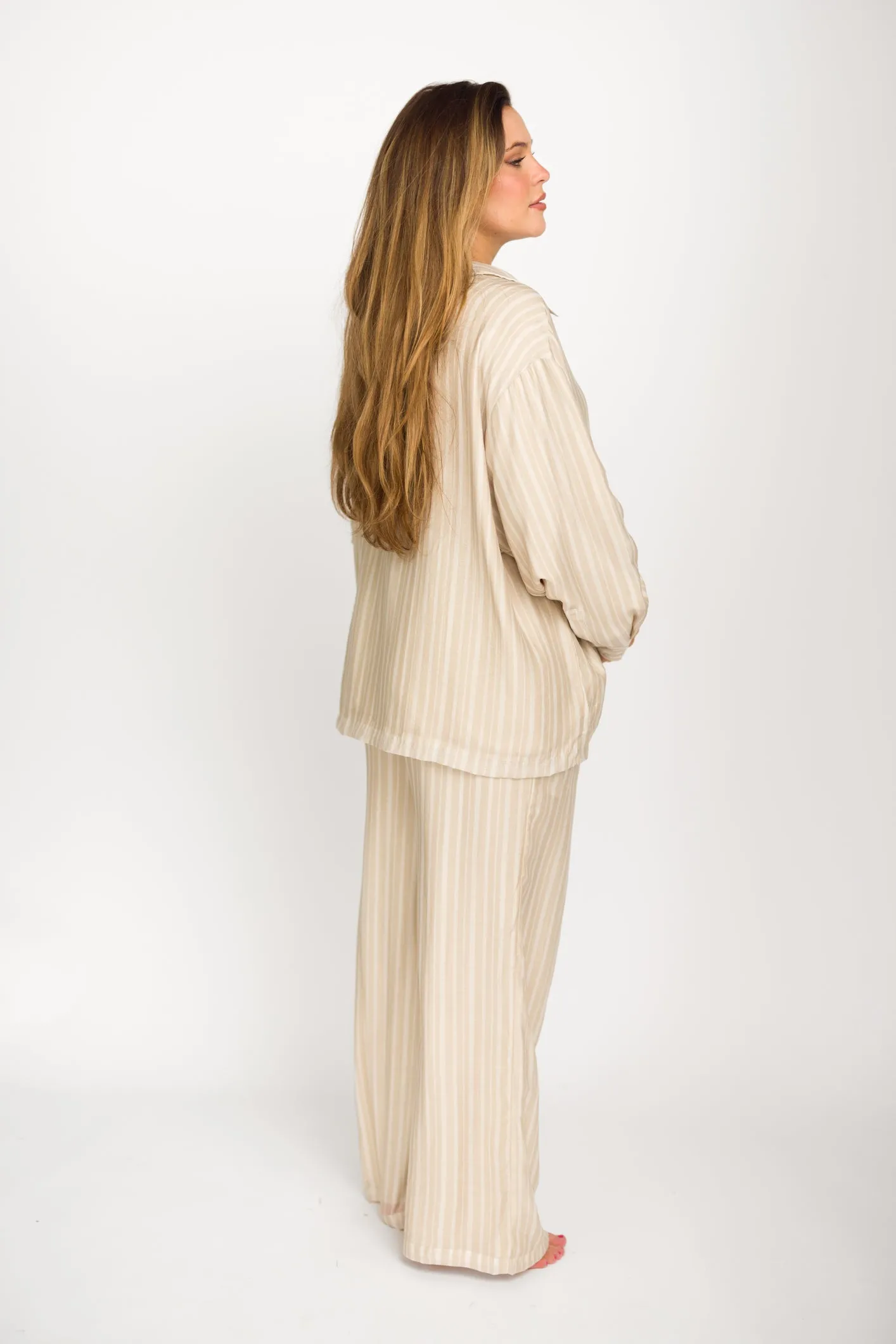 Sloane Striped Button-Down Shirt and Pants Set in Natural - Nursing Friendly