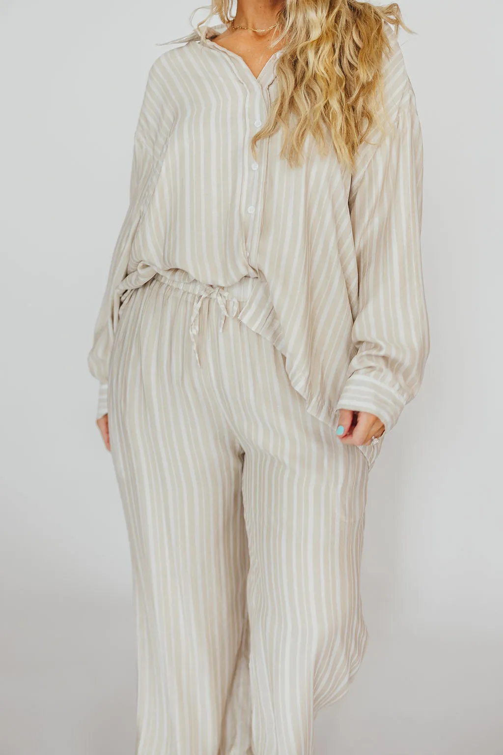 Sloane Striped Button-Down Shirt and Pants Set in Natural - Nursing Friendly