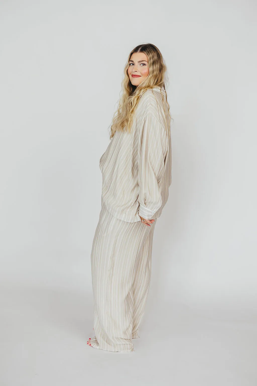 Sloane Striped Button-Down Shirt and Pants Set in Natural - Nursing Friendly