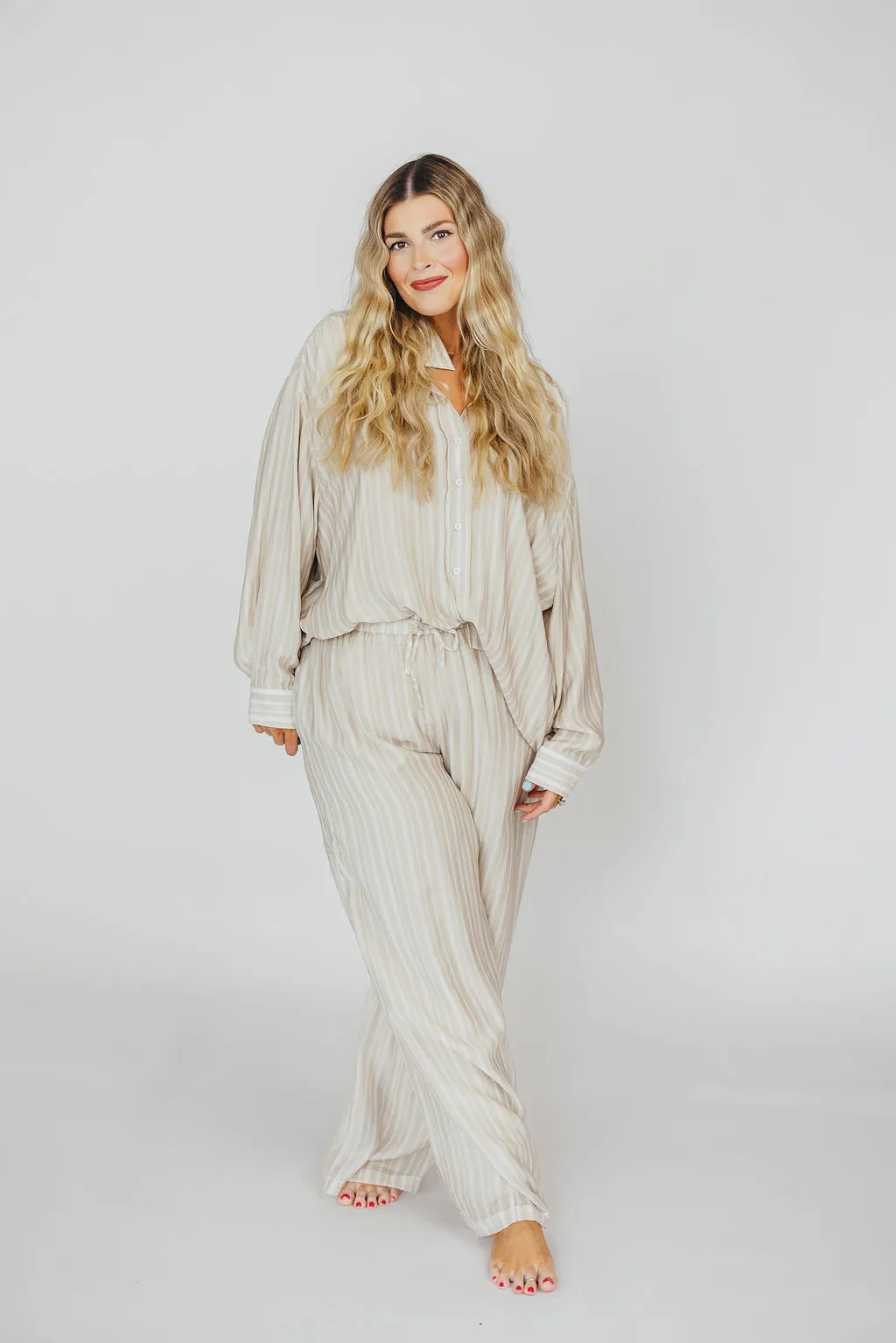 Sloane Striped Button-Down Shirt and Pants Set in Natural - Nursing Friendly