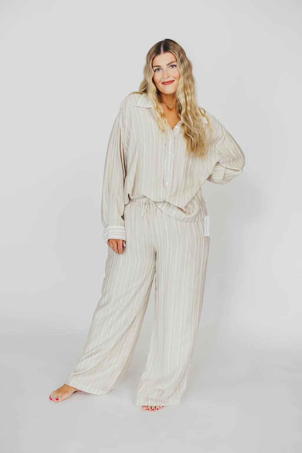 Sloane Striped Button-Down Shirt and Pants Set in Natural - Nursing Friendly