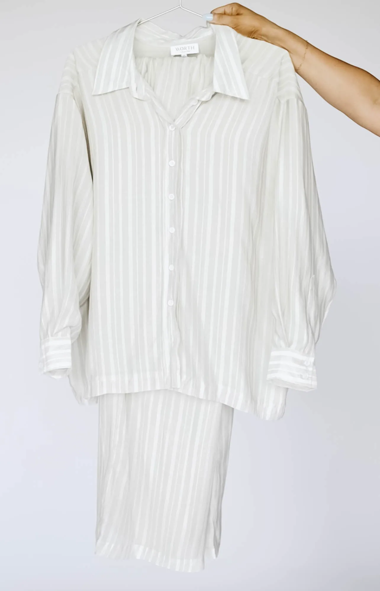 Sloane Striped Button-Down Shirt and Pants Set in Natural - Nursing Friendly