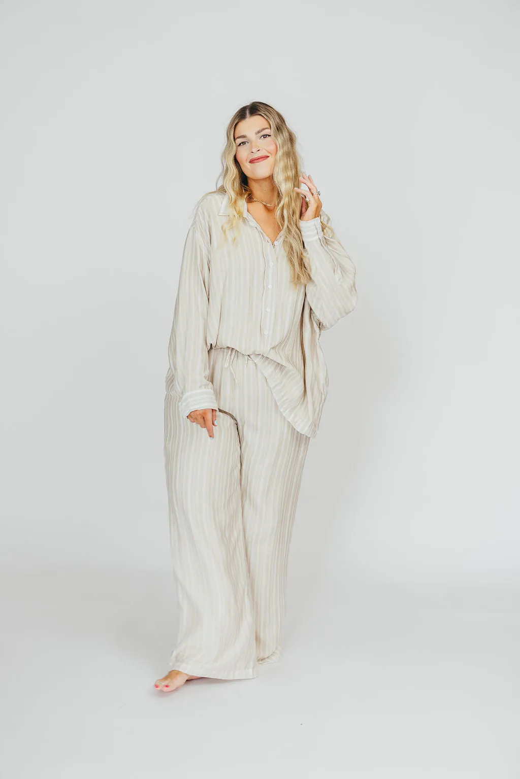 Sloane Striped Button-Down Shirt and Pants Set in Natural - Nursing Friendly