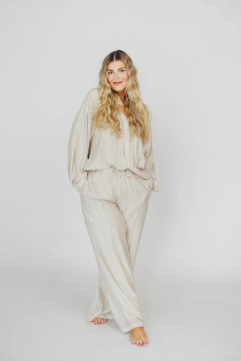 Sloane Striped Button-Down Shirt and Pants Set in Natural - Nursing Friendly