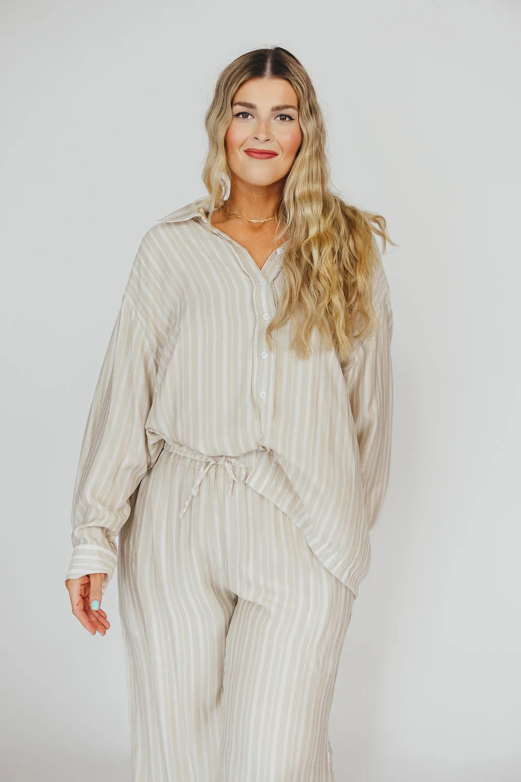 Sloane Striped Button-Down Shirt and Pants Set in Natural - Nursing Friendly