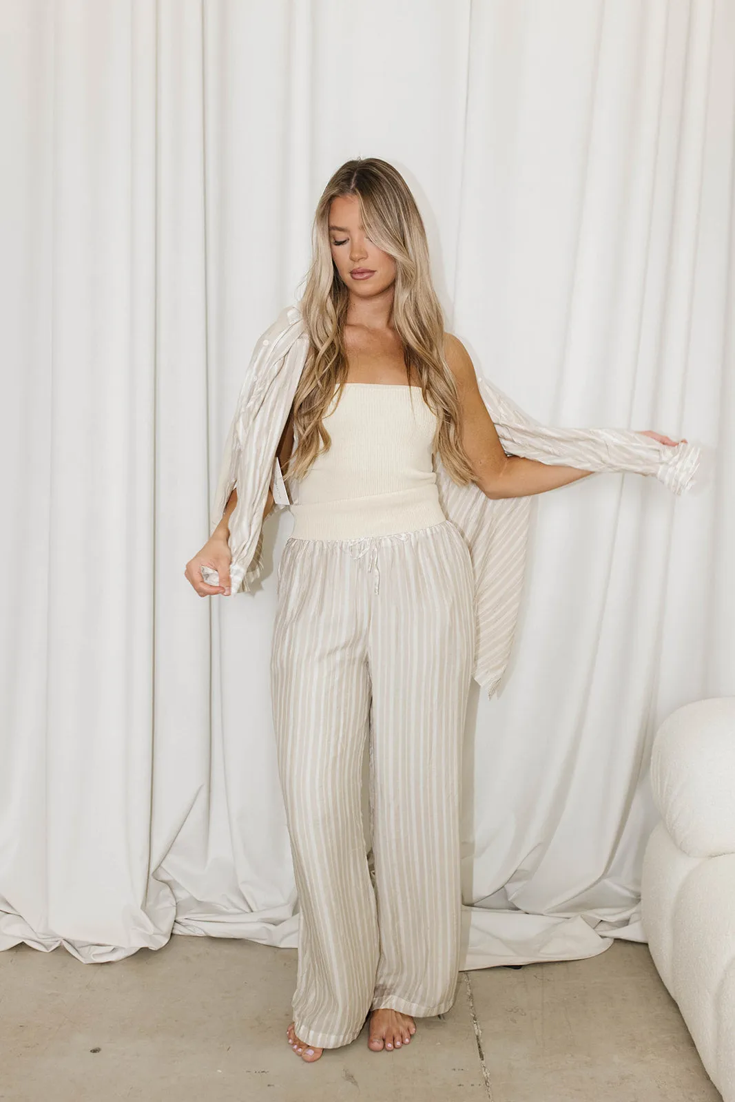 Sloane Striped Button-Down Shirt and Pants Set in Natural - Nursing Friendly