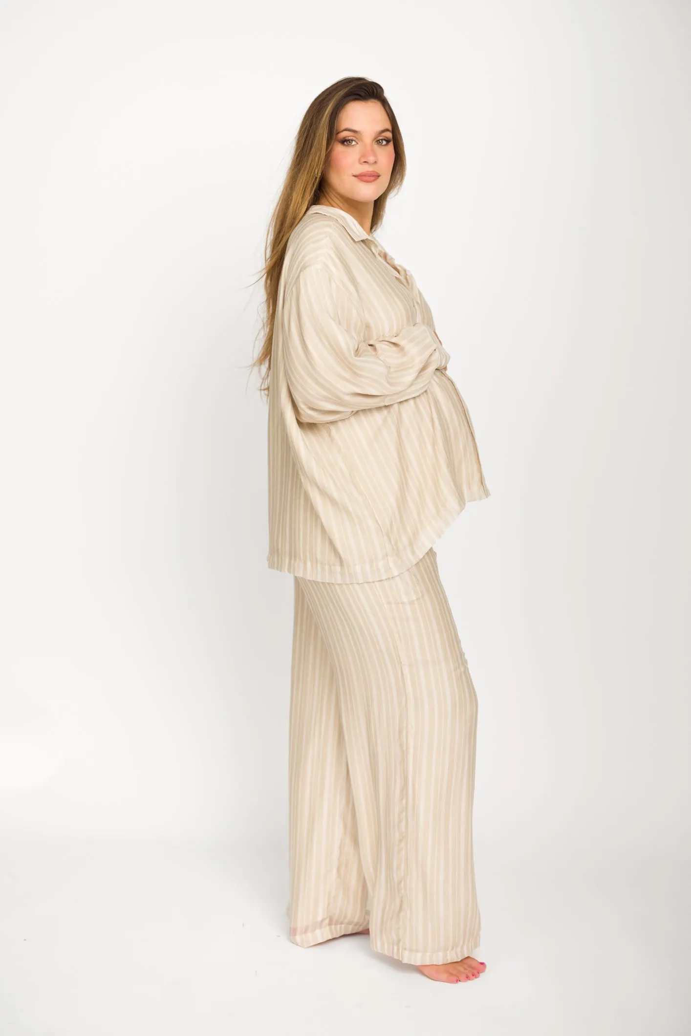 Sloane Striped Button-Down Shirt and Pants Set in Natural - Nursing Friendly