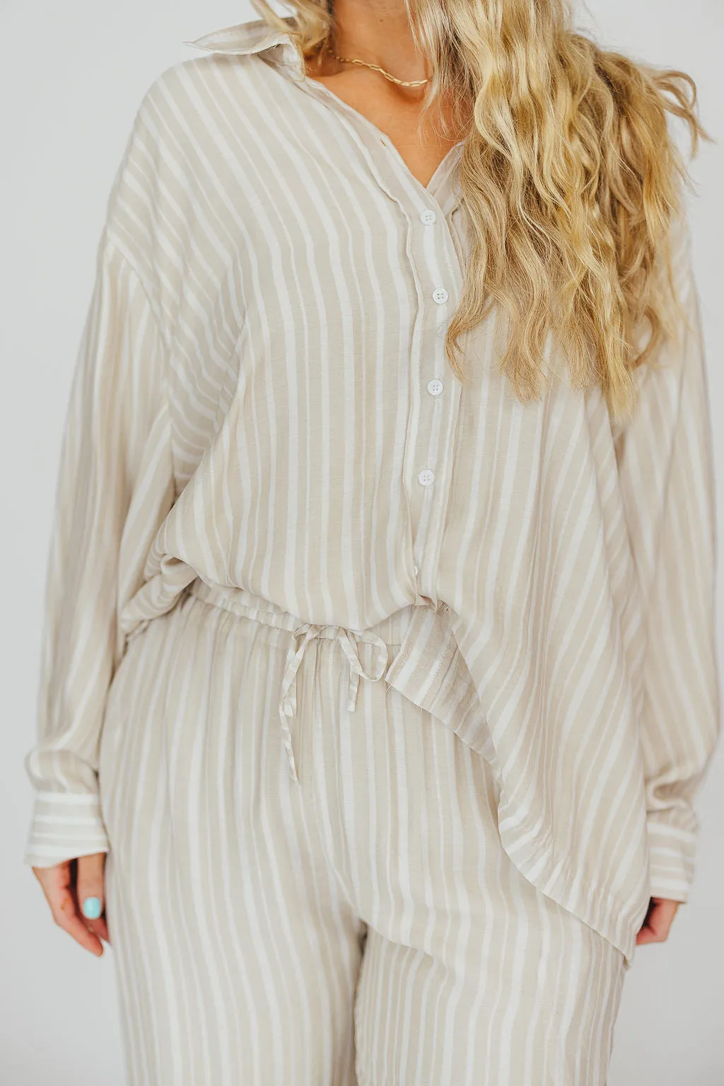 Sloane Striped Button-Down Shirt and Pants Set in Natural - Nursing Friendly