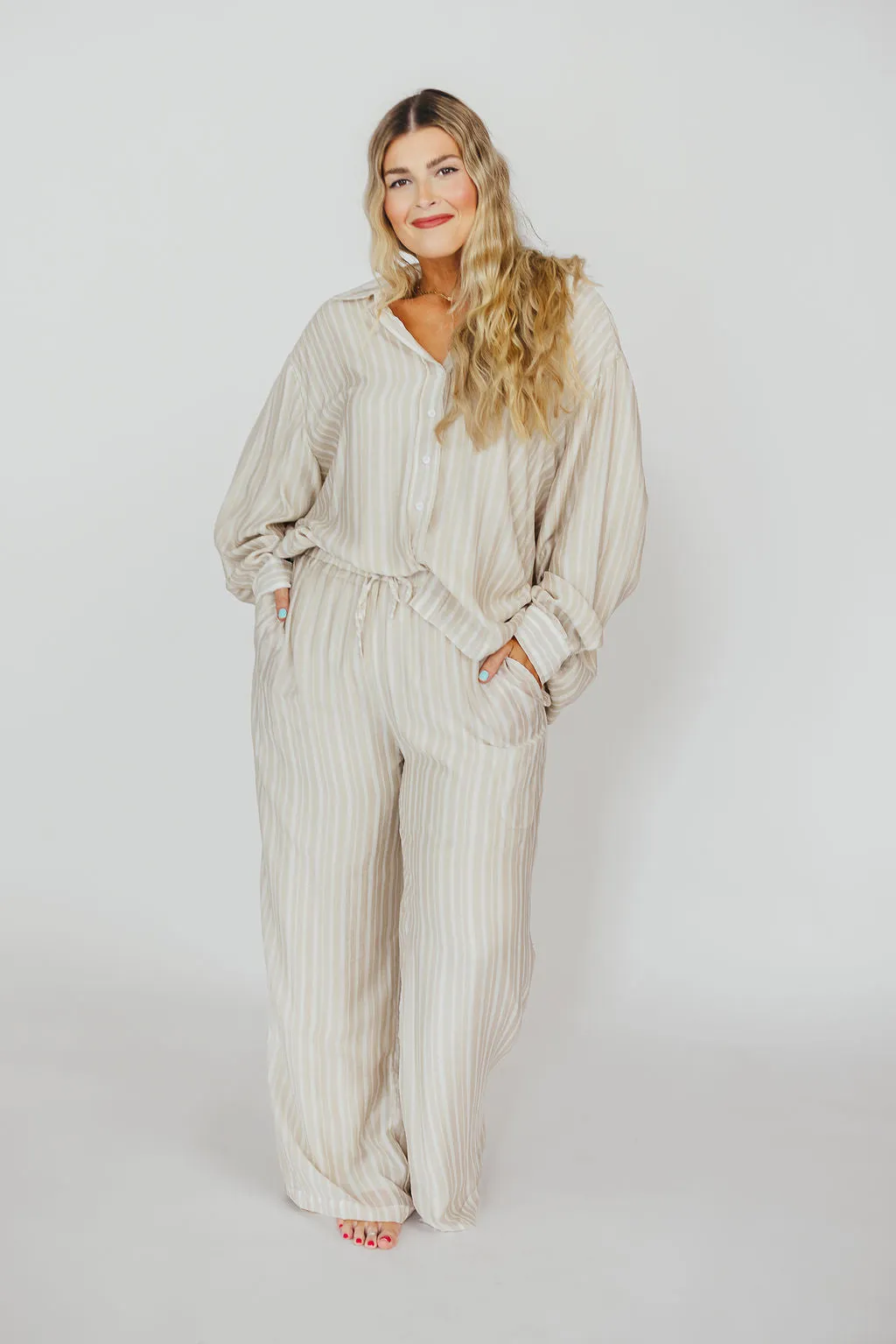 Sloane Striped Button-Down Shirt and Pants Set in Natural - Nursing Friendly