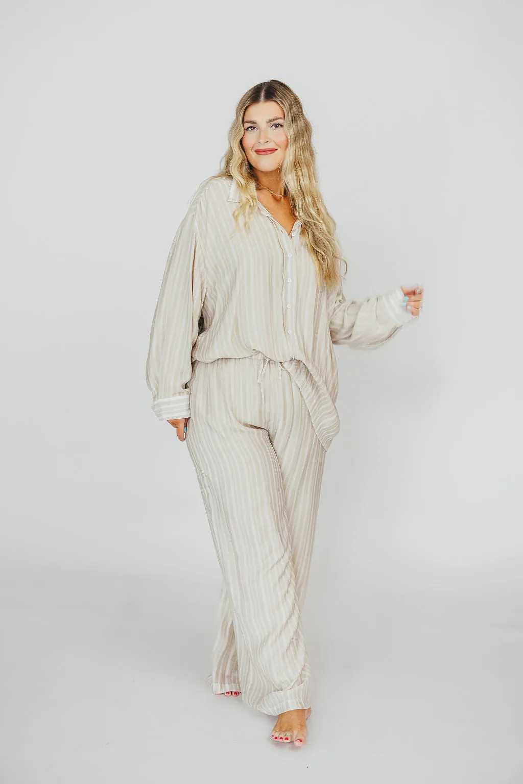 Sloane Striped Button-Down Shirt and Pants Set in Natural - Nursing Friendly
