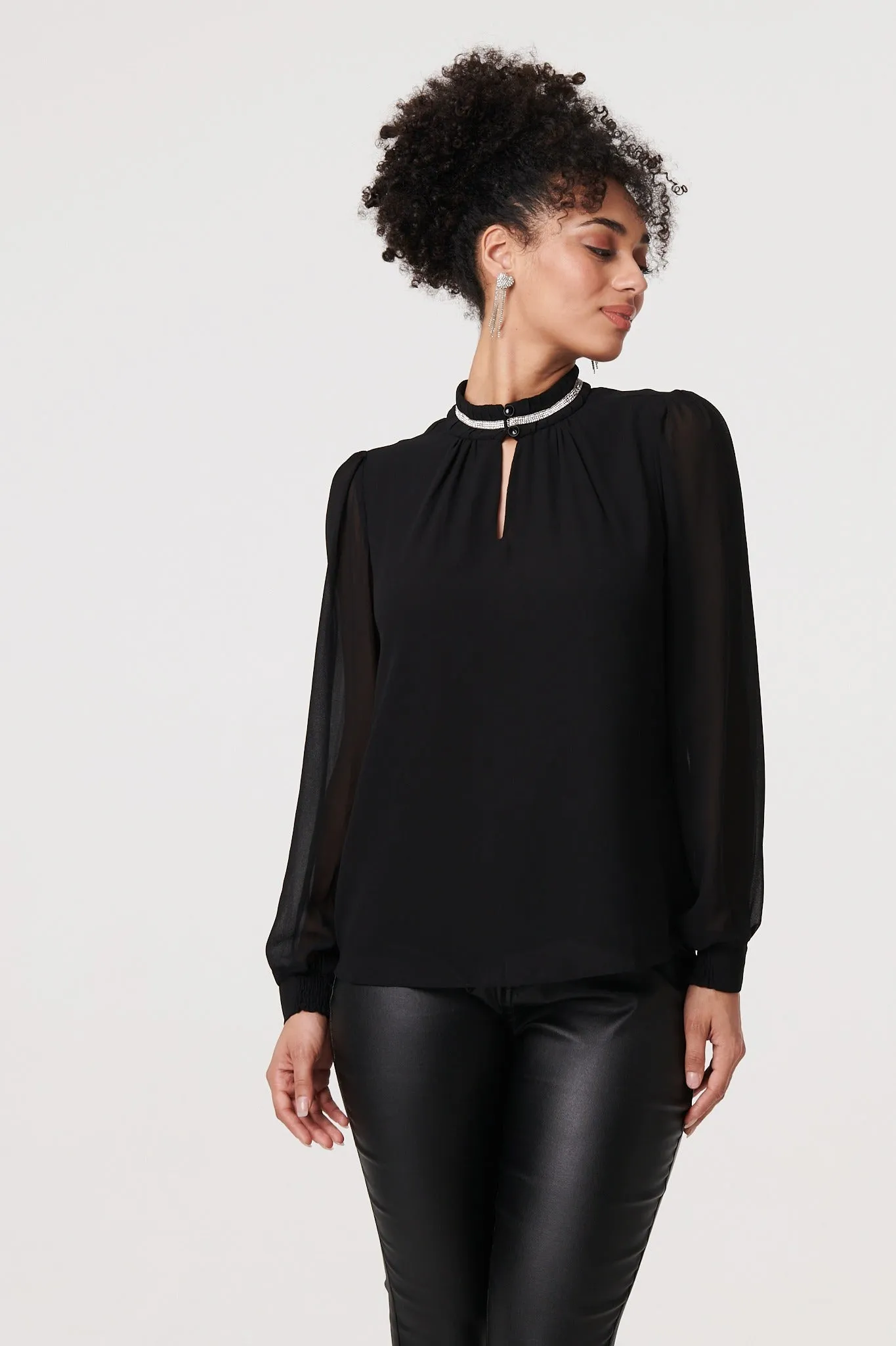 Sparkle Trim High Neck Semi Sheer Blouse