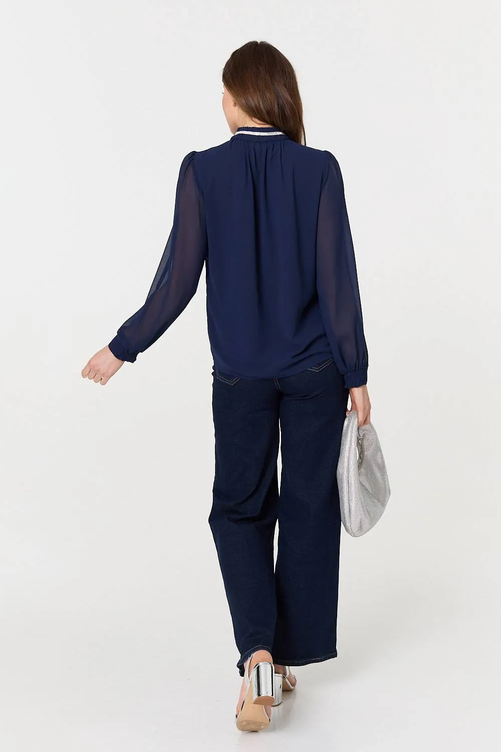 Sparkle Trim High Neck Semi Sheer Blouse