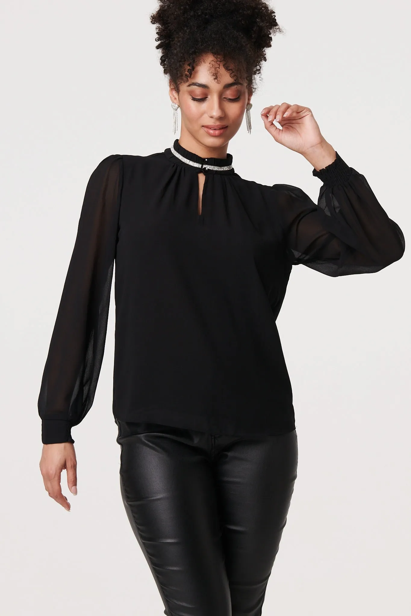 Sparkle Trim High Neck Semi Sheer Blouse