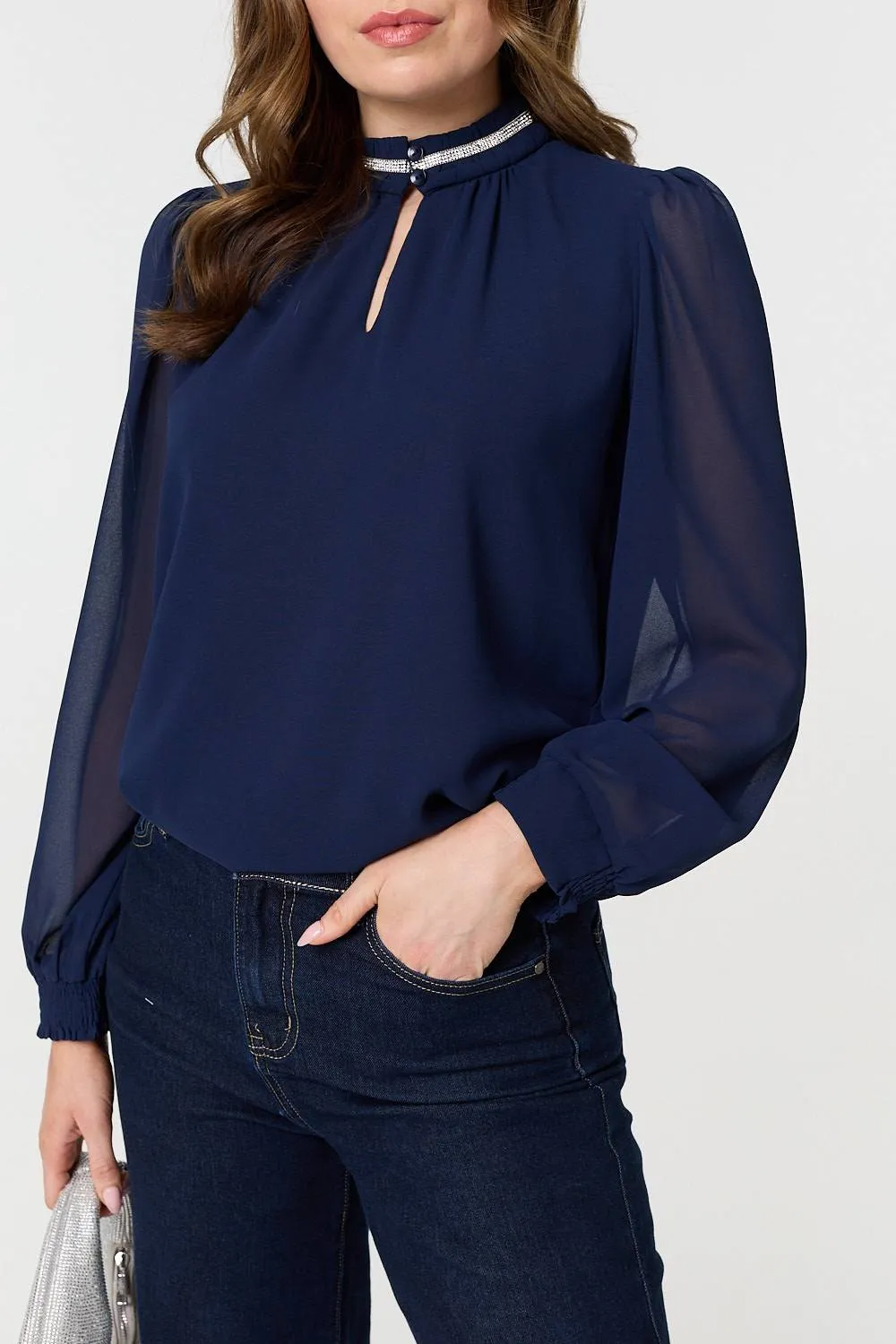 Sparkle Trim High Neck Semi Sheer Blouse