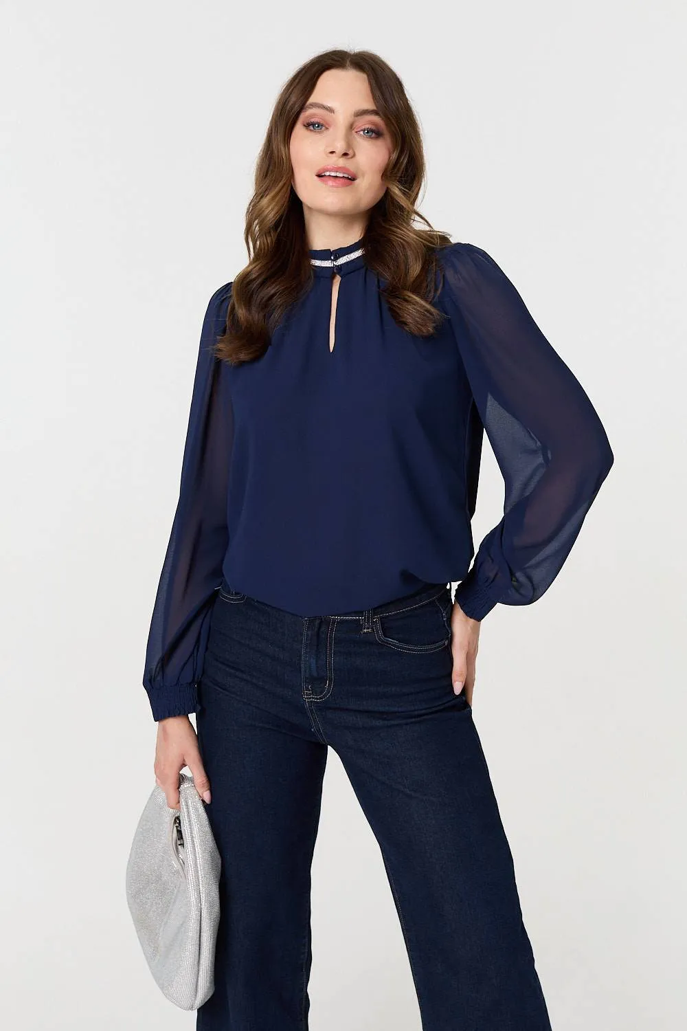 Sparkle Trim High Neck Semi Sheer Blouse