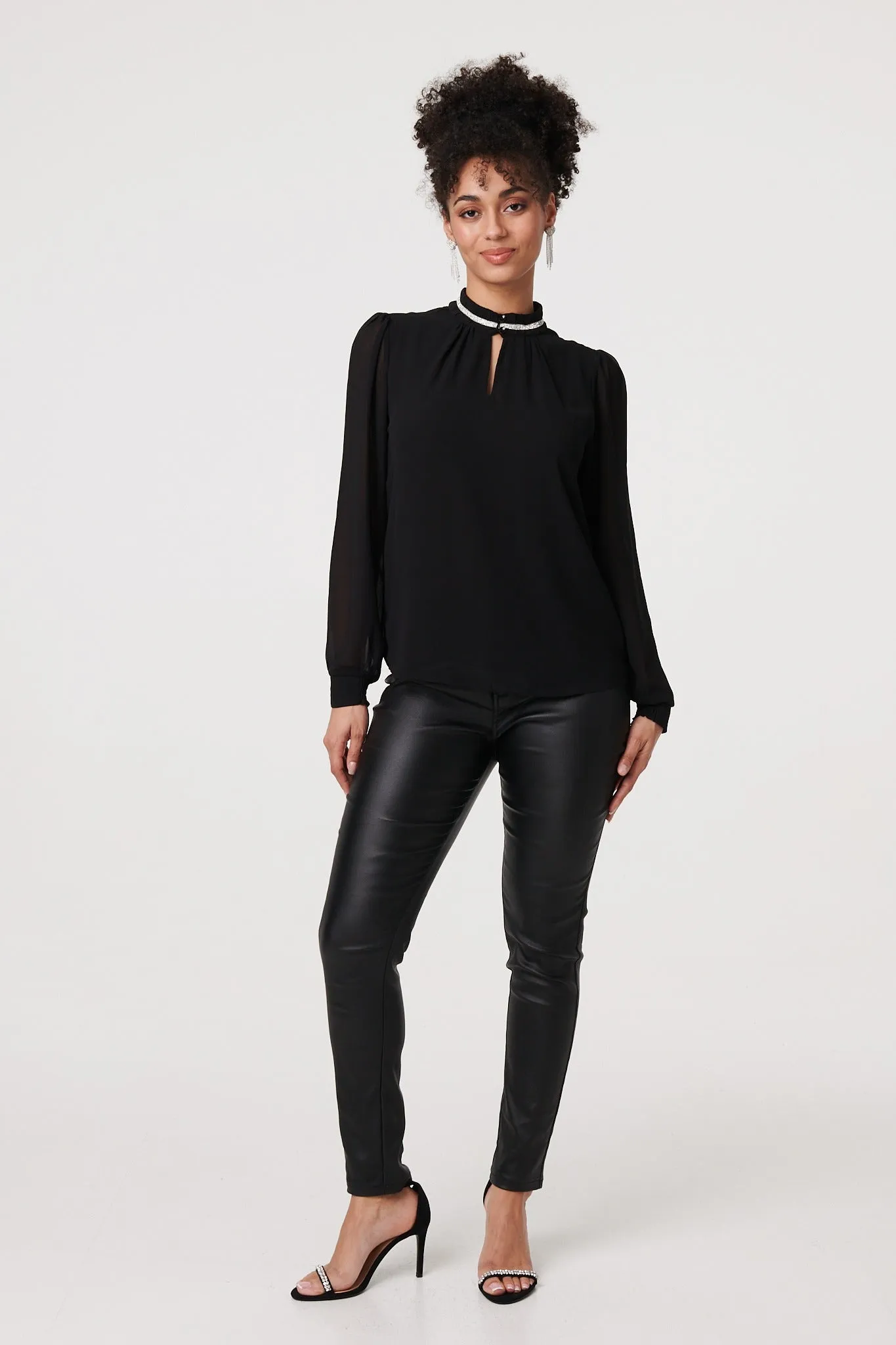 Sparkle Trim High Neck Semi Sheer Blouse