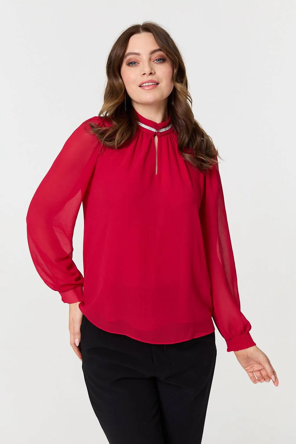 Sparkle Trim High Neck Semi Sheer Blouse