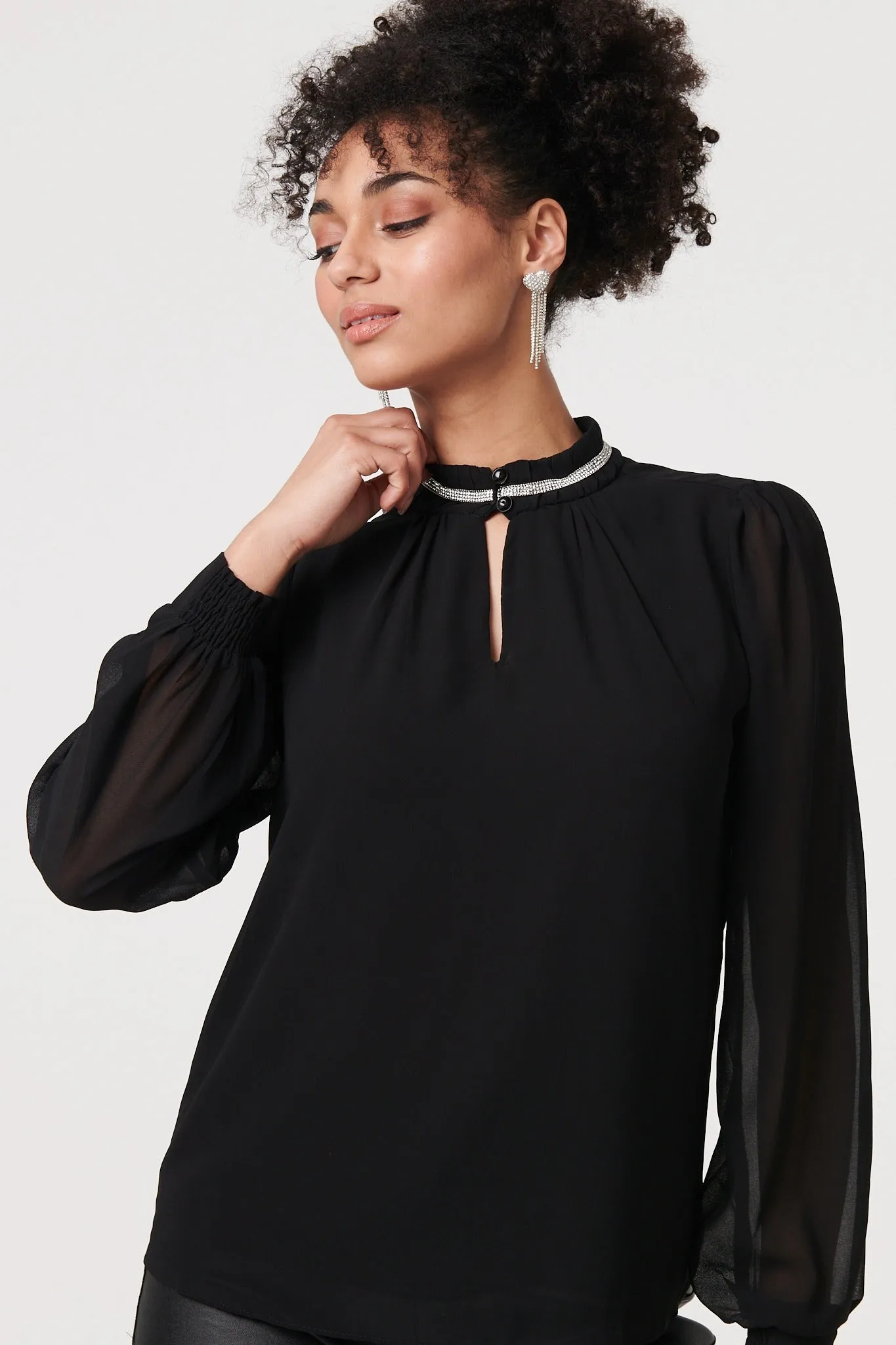 Sparkle Trim High Neck Semi Sheer Blouse
