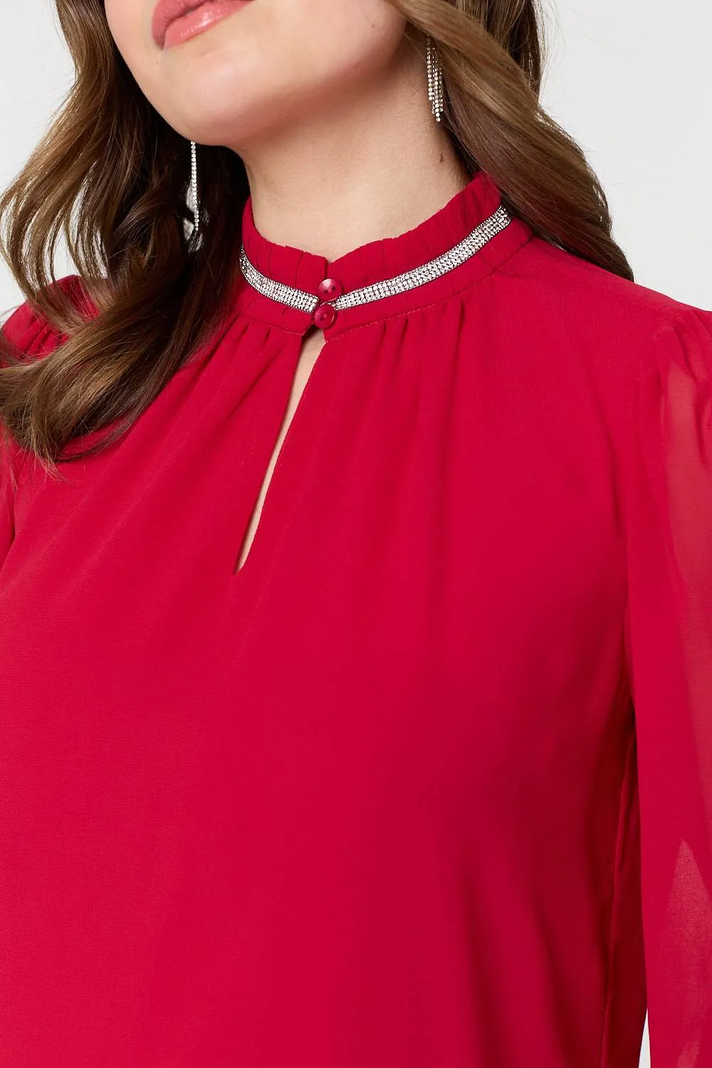 Sparkle Trim High Neck Semi Sheer Blouse