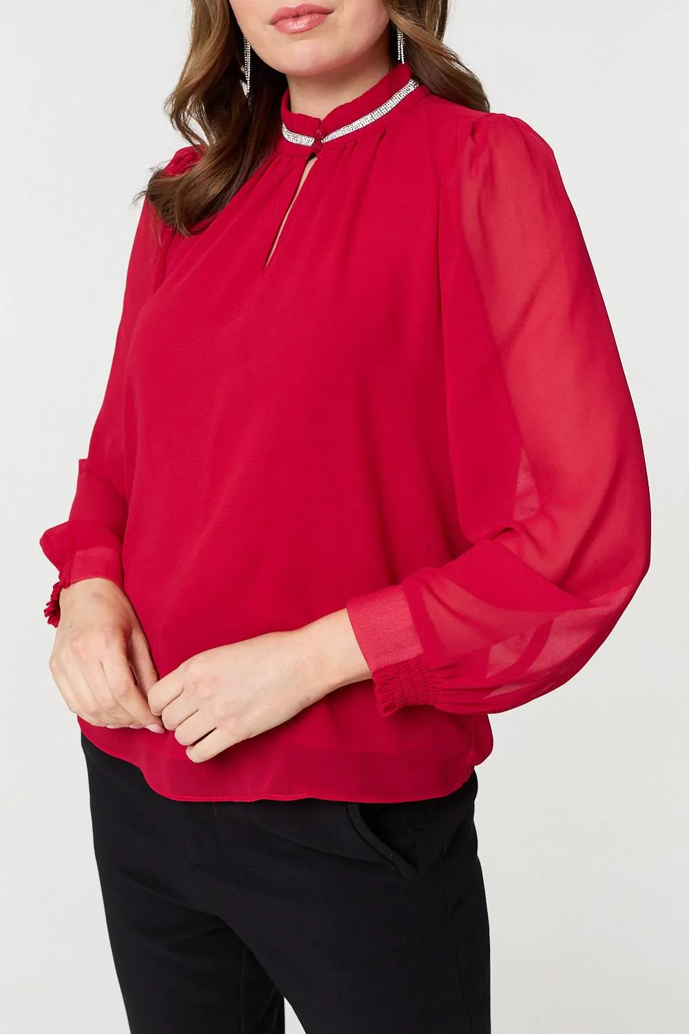 Sparkle Trim High Neck Semi Sheer Blouse
