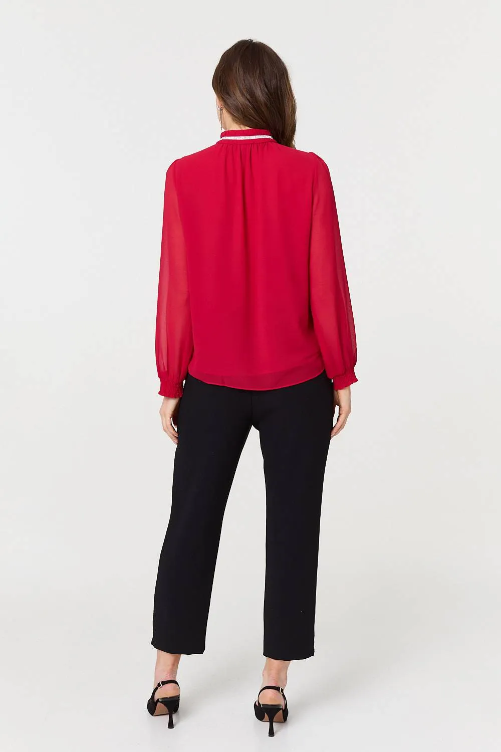 Sparkle Trim High Neck Semi Sheer Blouse