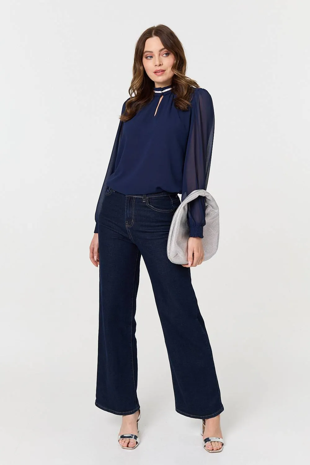 Sparkle Trim High Neck Semi Sheer Blouse