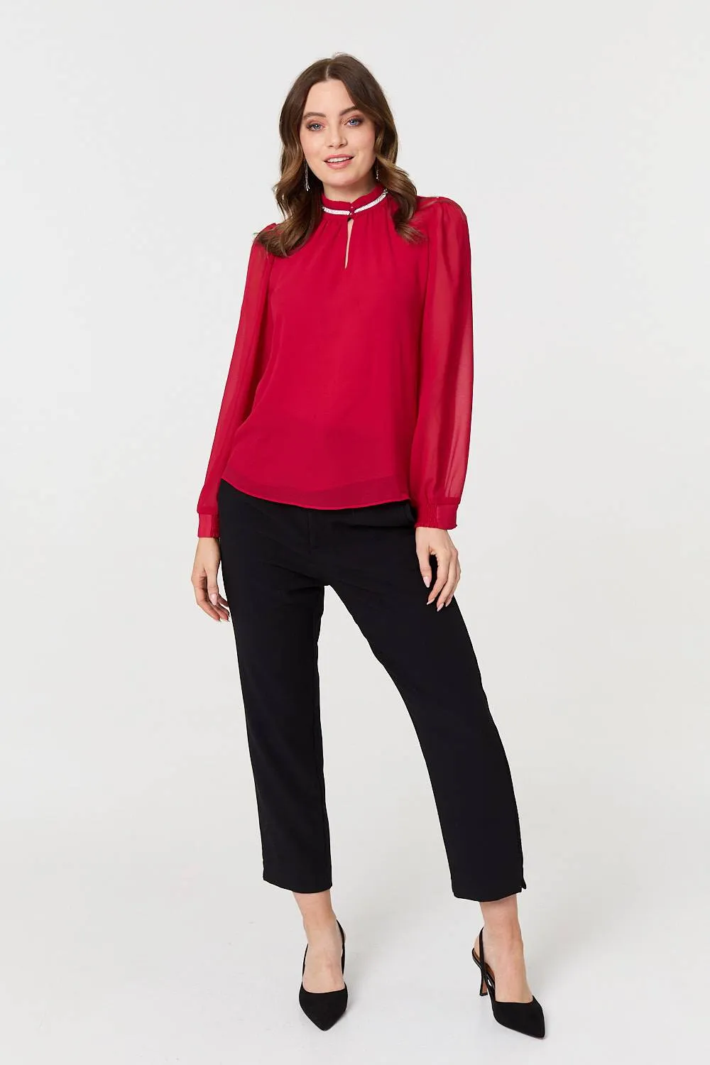 Sparkle Trim High Neck Semi Sheer Blouse