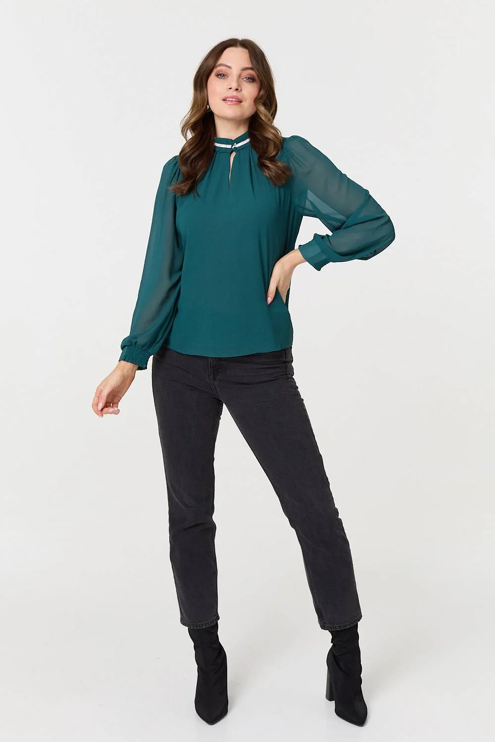 Sparkle Trim High Neck Semi Sheer Blouse