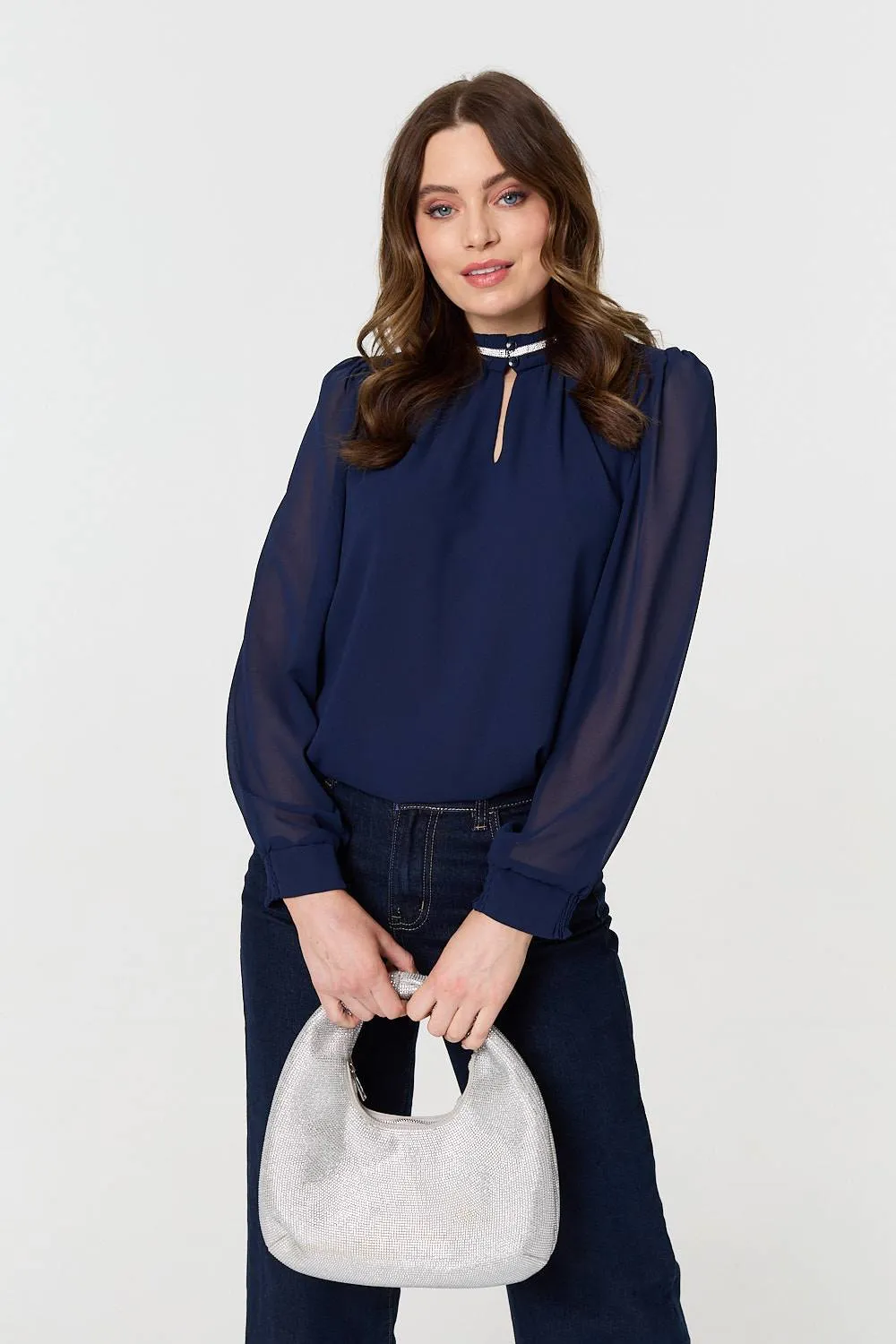 Sparkle Trim High Neck Semi Sheer Blouse