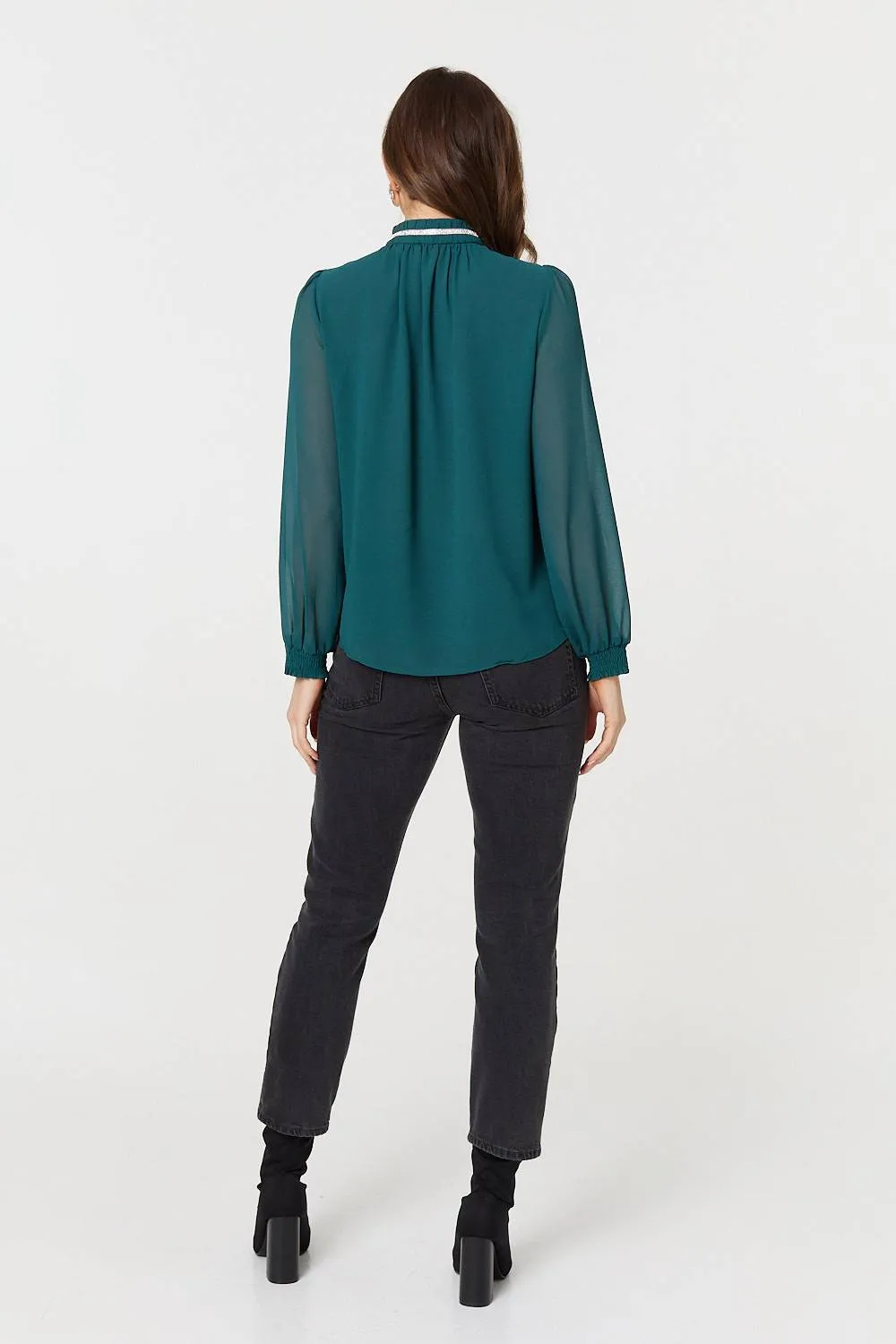 Sparkle Trim High Neck Semi Sheer Blouse