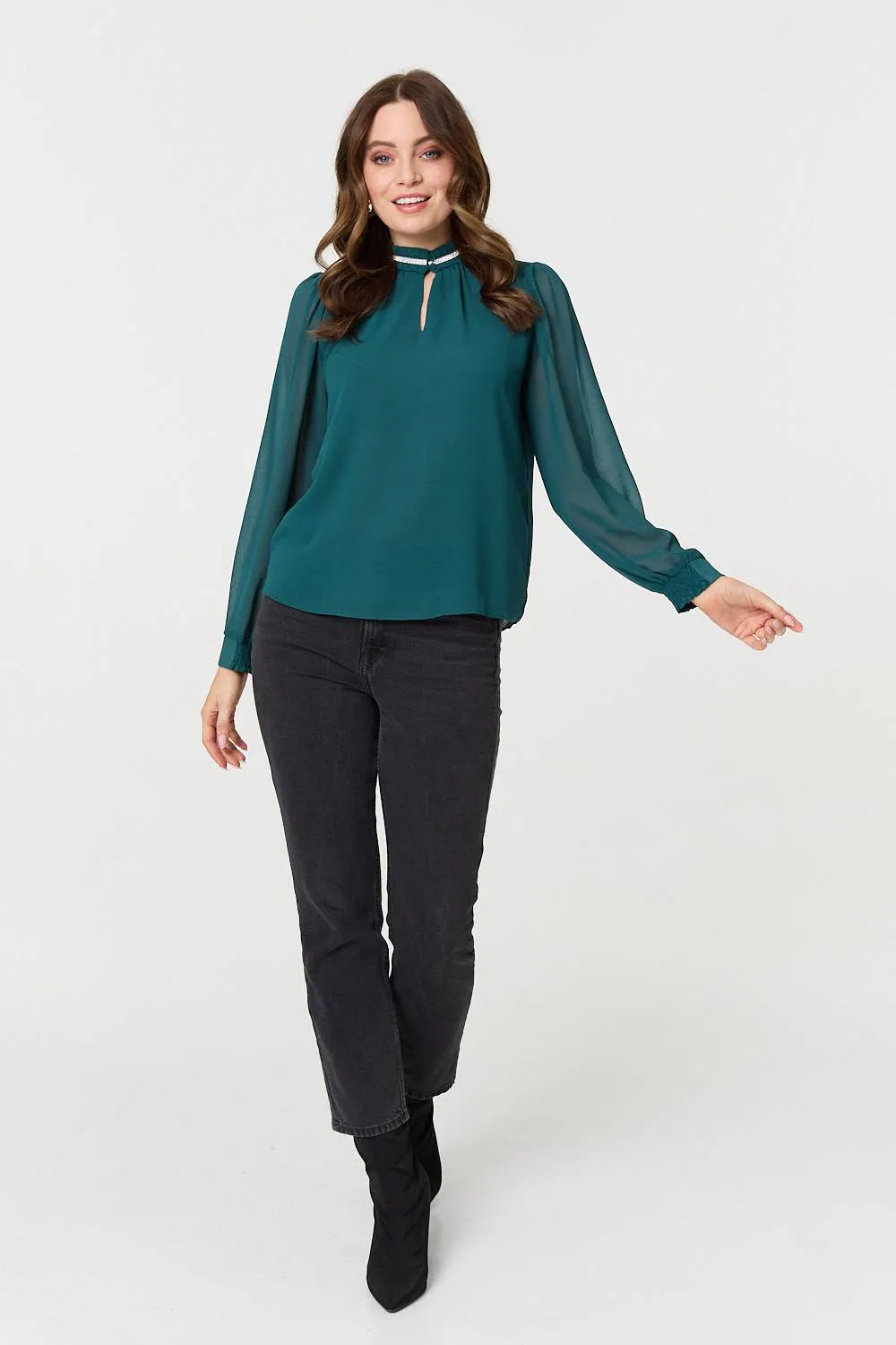 Sparkle Trim High Neck Semi Sheer Blouse