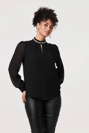 Sparkle Trim High Neck Semi Sheer Blouse
