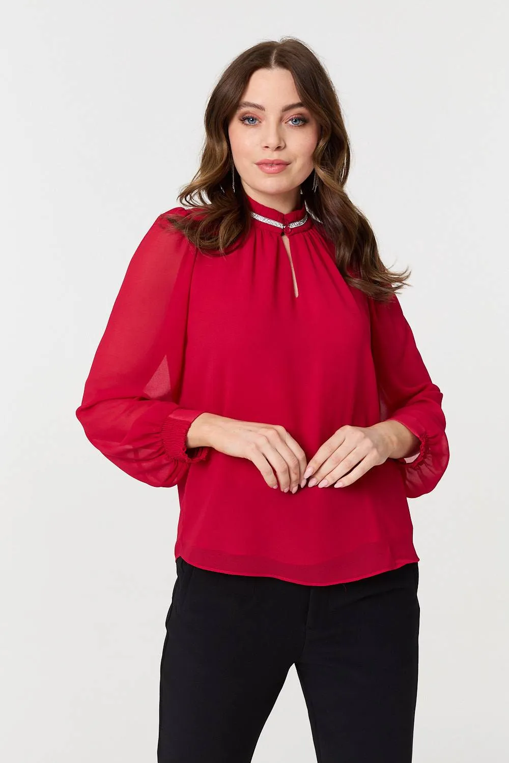 Sparkle Trim High Neck Semi Sheer Blouse