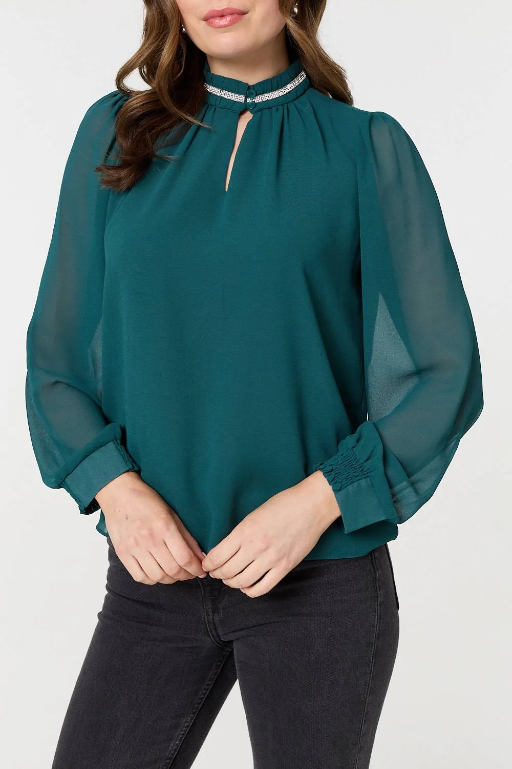 Sparkle Trim High Neck Semi Sheer Blouse