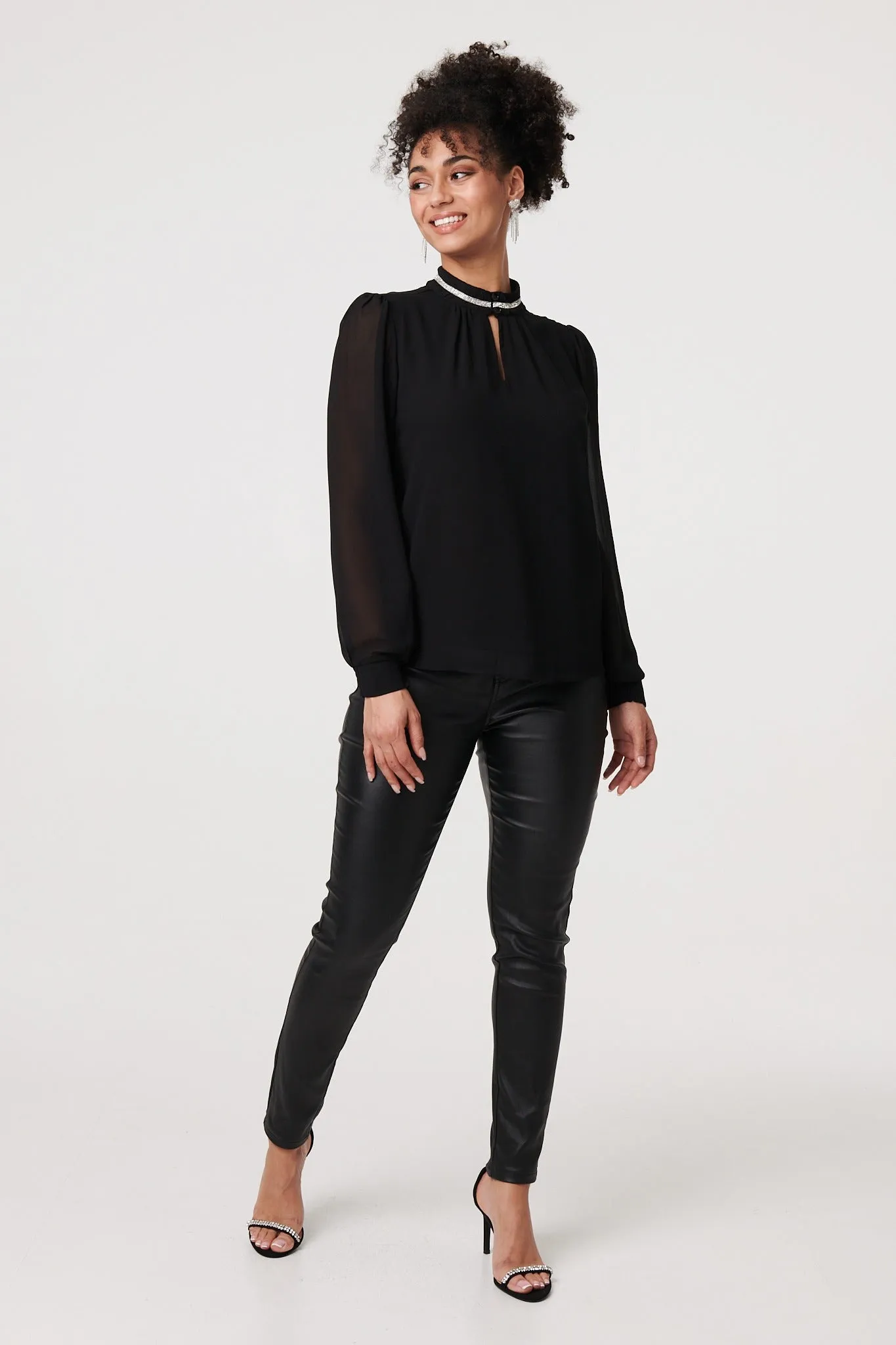 Sparkle Trim High Neck Semi Sheer Blouse