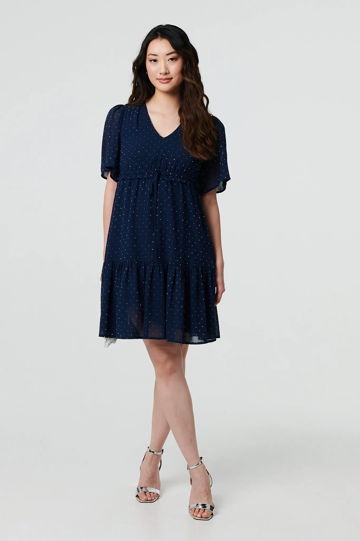 Sparkly Dot Print Semi Sheer Short Dress